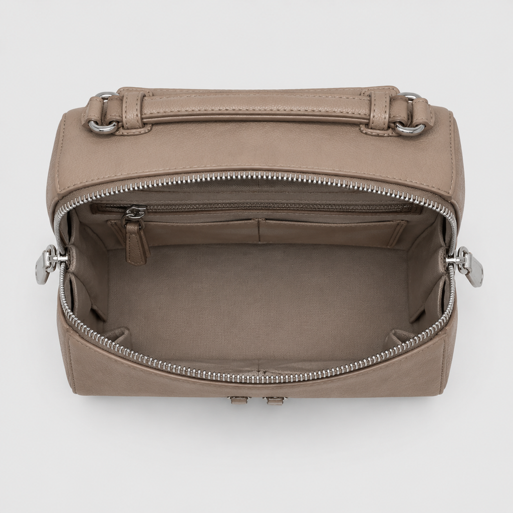 Vamtron Beige Structured Vanity Crossbody Bag with Double Zip Closure