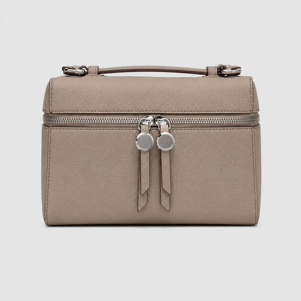 Vamtron Beige Structured Vanity Crossbody Bag with Double Zip Closure