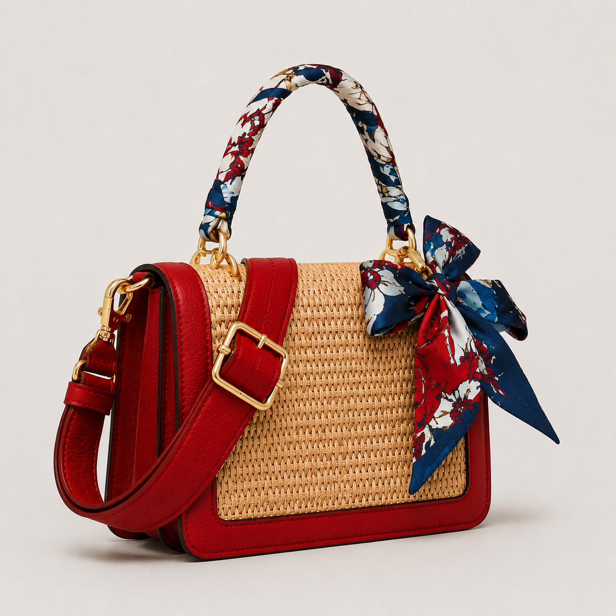 Vamtron Straw Woven Crossbody Shoulder Bag with Scarf Handle – Red
