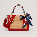 Vamtron Straw Woven Crossbody Shoulder Bag with Scarf Handle – Red